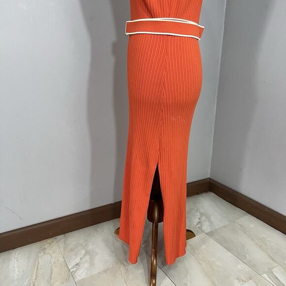 Nicholas Giuliana Ribbed Knit Midi Belted Sweater Dress Large Orange Stretchy - Picture 13 of 16